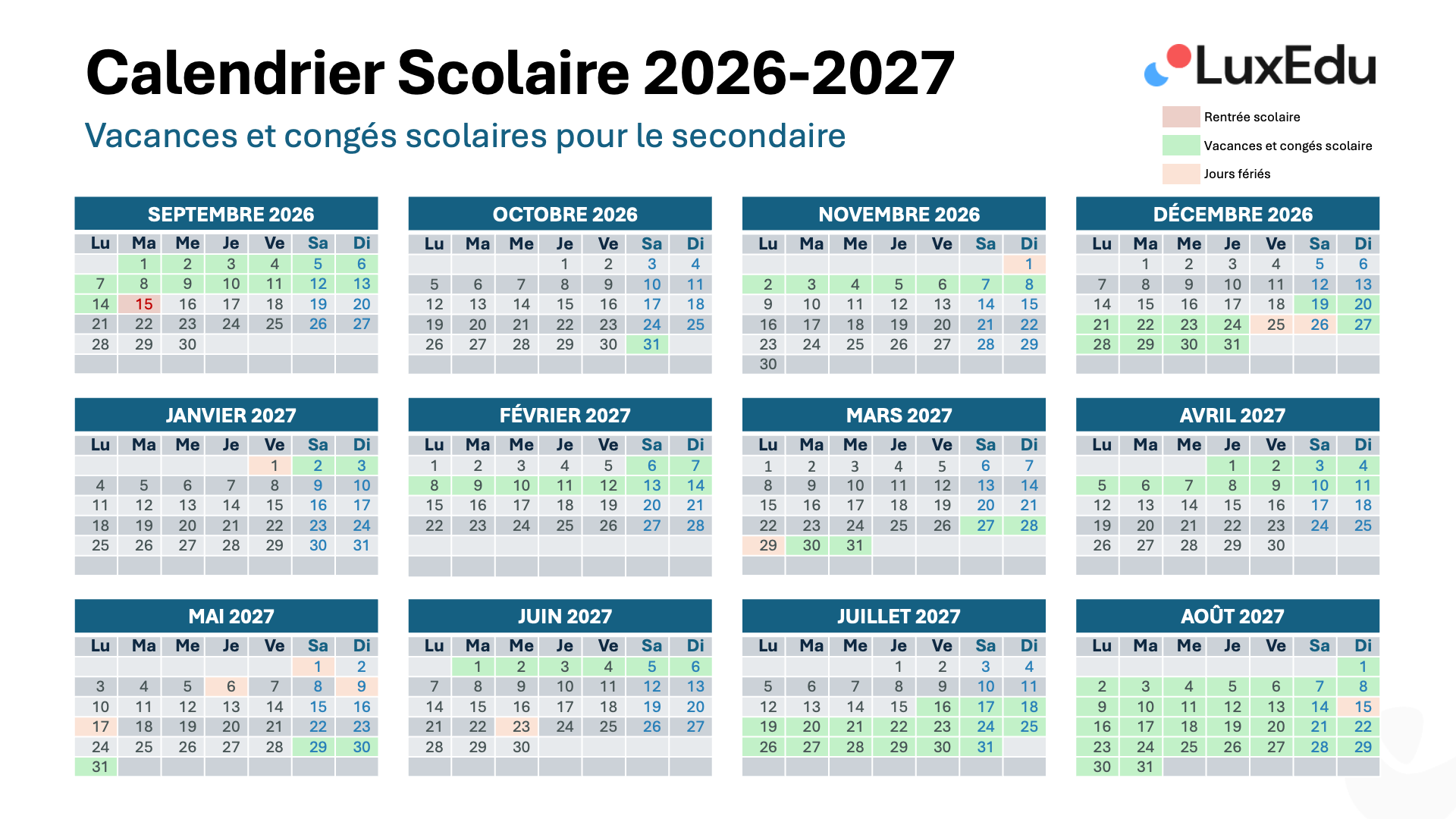 Vacances scolaires 20262027 Luxembourg
